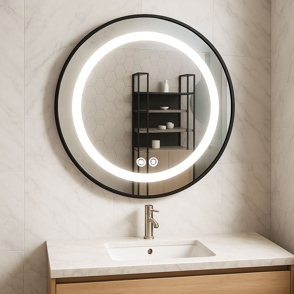 Oglindă cu iluminare LED și functie dezaburire, MD3, D60cm, ramă neagră