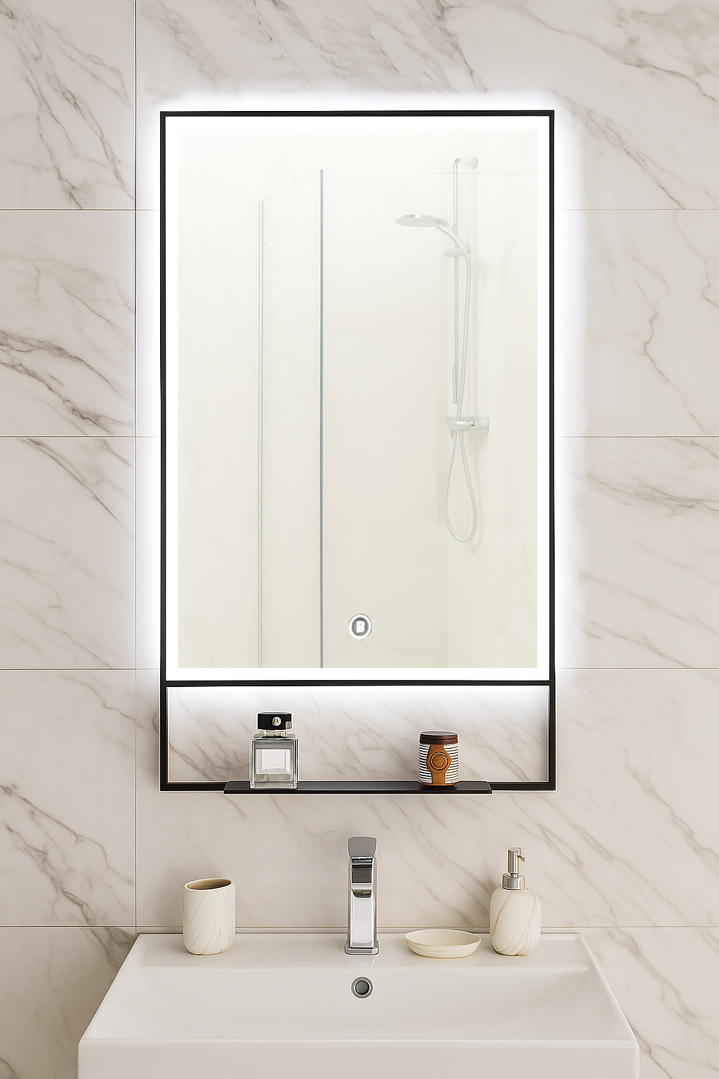 Oglindă cu iluminare LED și întrerupător touch, MD6, 60x95cm, ramă neagră și poliță