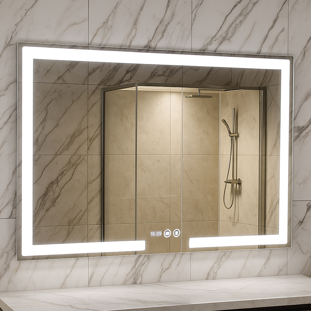 Oglindă cu iluminare LED, funcție dezaburire, ceas și termometru, MD1, 120 x 80cm