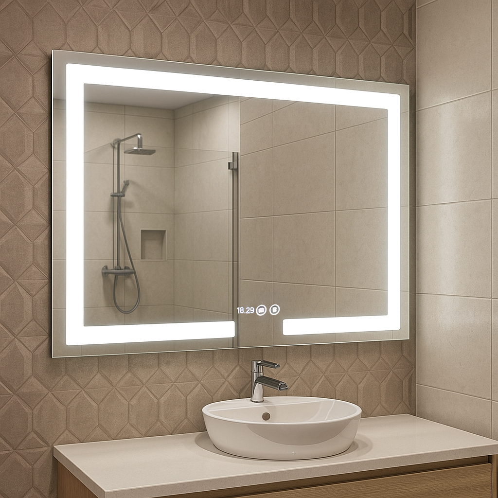 Oglindă cu iluminare LED, funcție dezaburire, ceas și termometru, MD1, 100 x 80cm