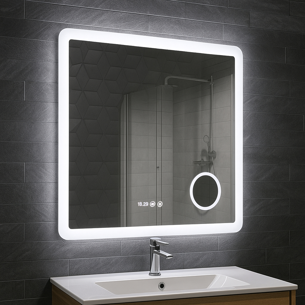 Oglindă cu iluminare LED, funcție dezaburire, ceas, termometru și lupă, MD5, 80x80cm