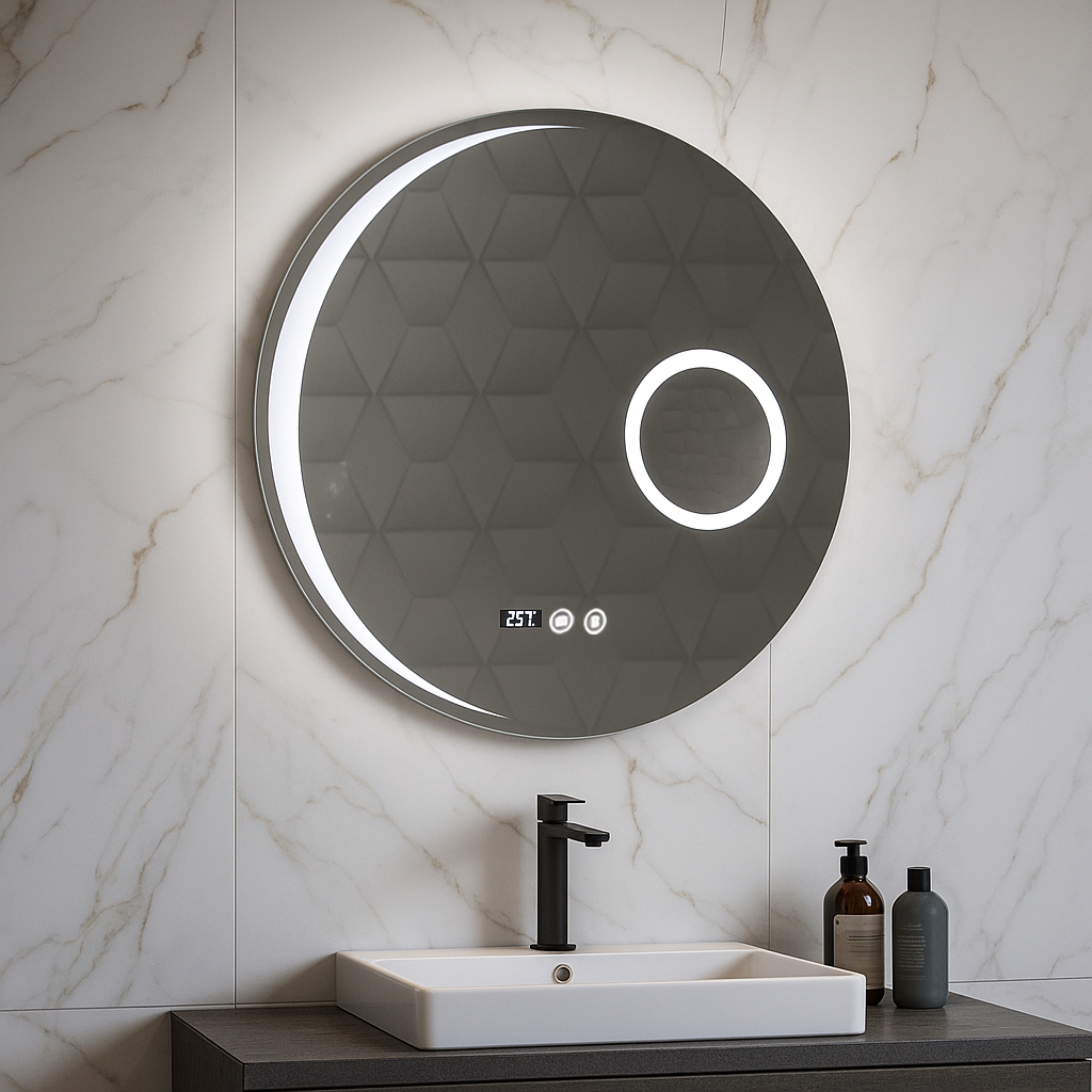 Oglindă cu iluminare LED,  funcție dezaburire, ceas, termometru și lupă, MD5, D60cm