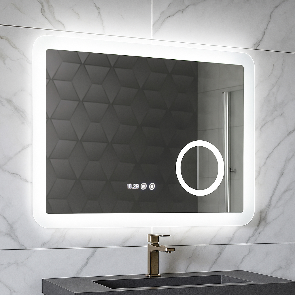 Oglindă cu iluminare LED, funcție dezaburire, ceas, termometru și lupă, MD5,80x60cm