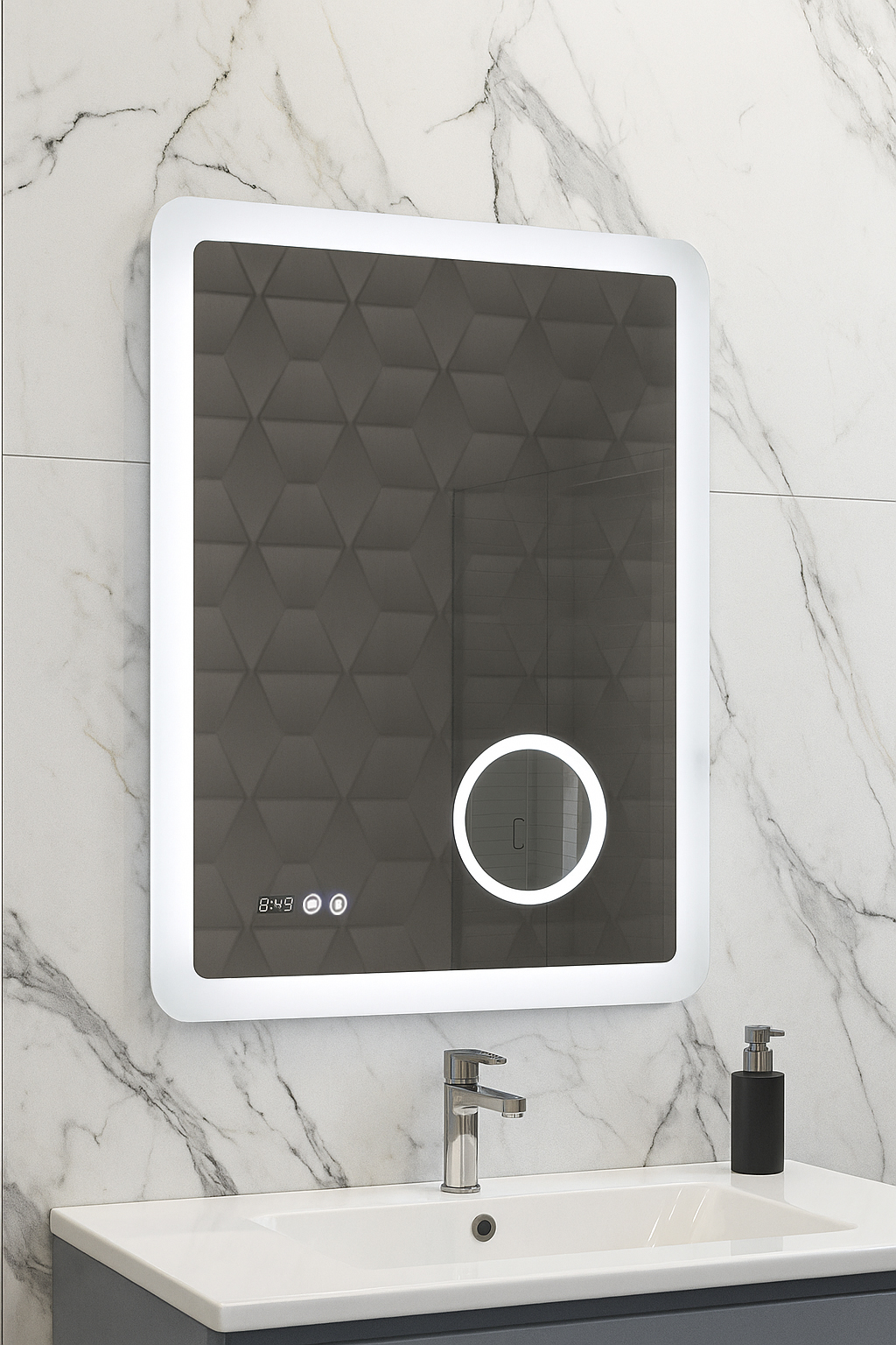 Oglindă cu iluminare LED,  funcție dezaburire, ceas, termometru și lupă, MD5, 60x80cm