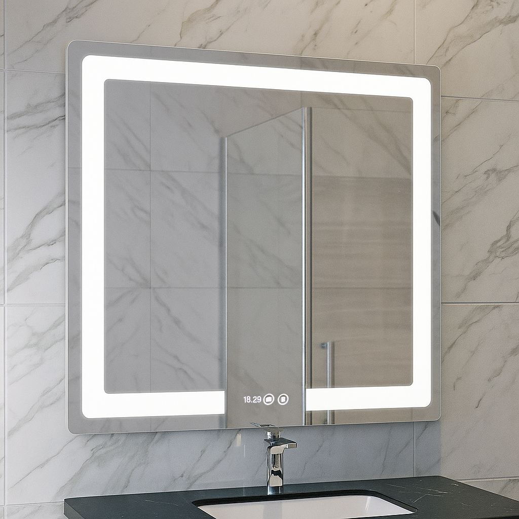 Oglindă cu iluminare LED, funcție dezaburire, ceas și termometru, MD1, 80x80cm