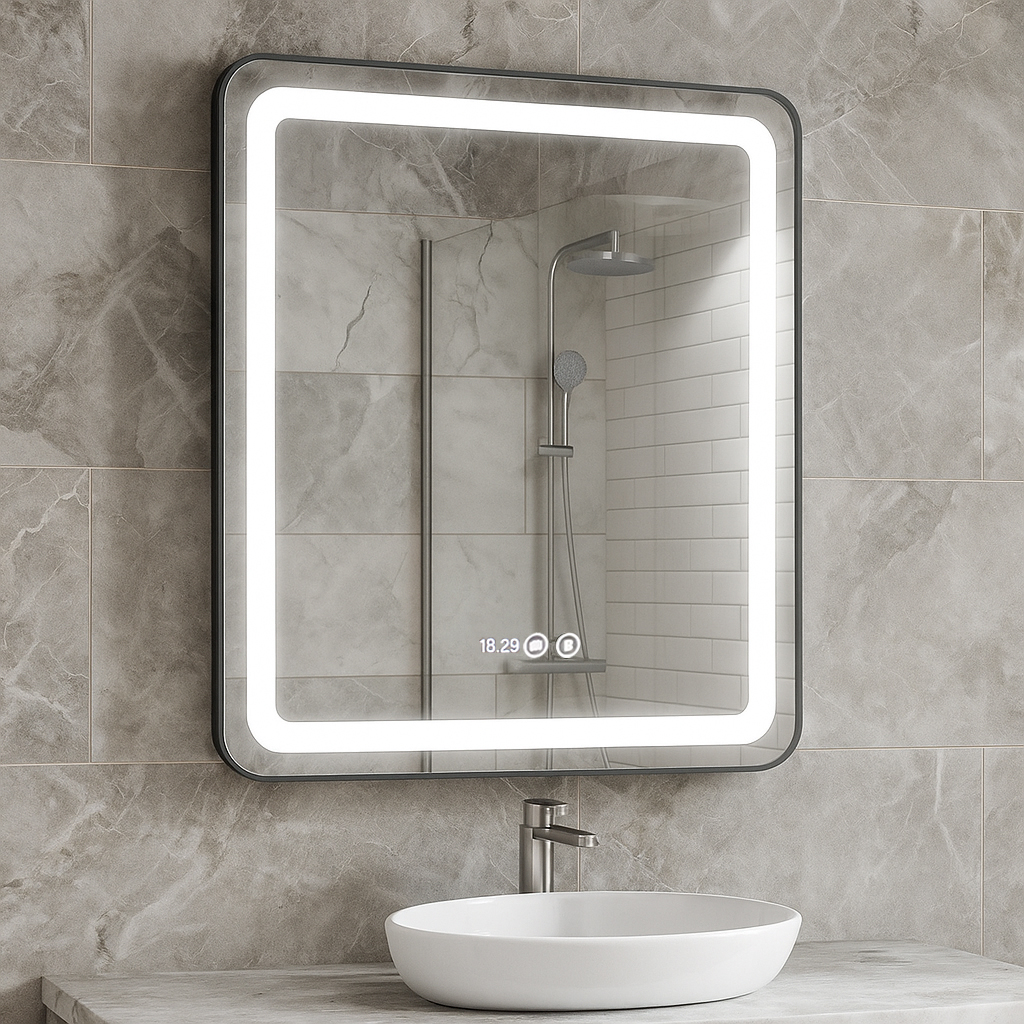Oglindă cu iluminare LED, funcție dezaburire, ceas și termometru, MD3, 70x80cm, ramă neagră