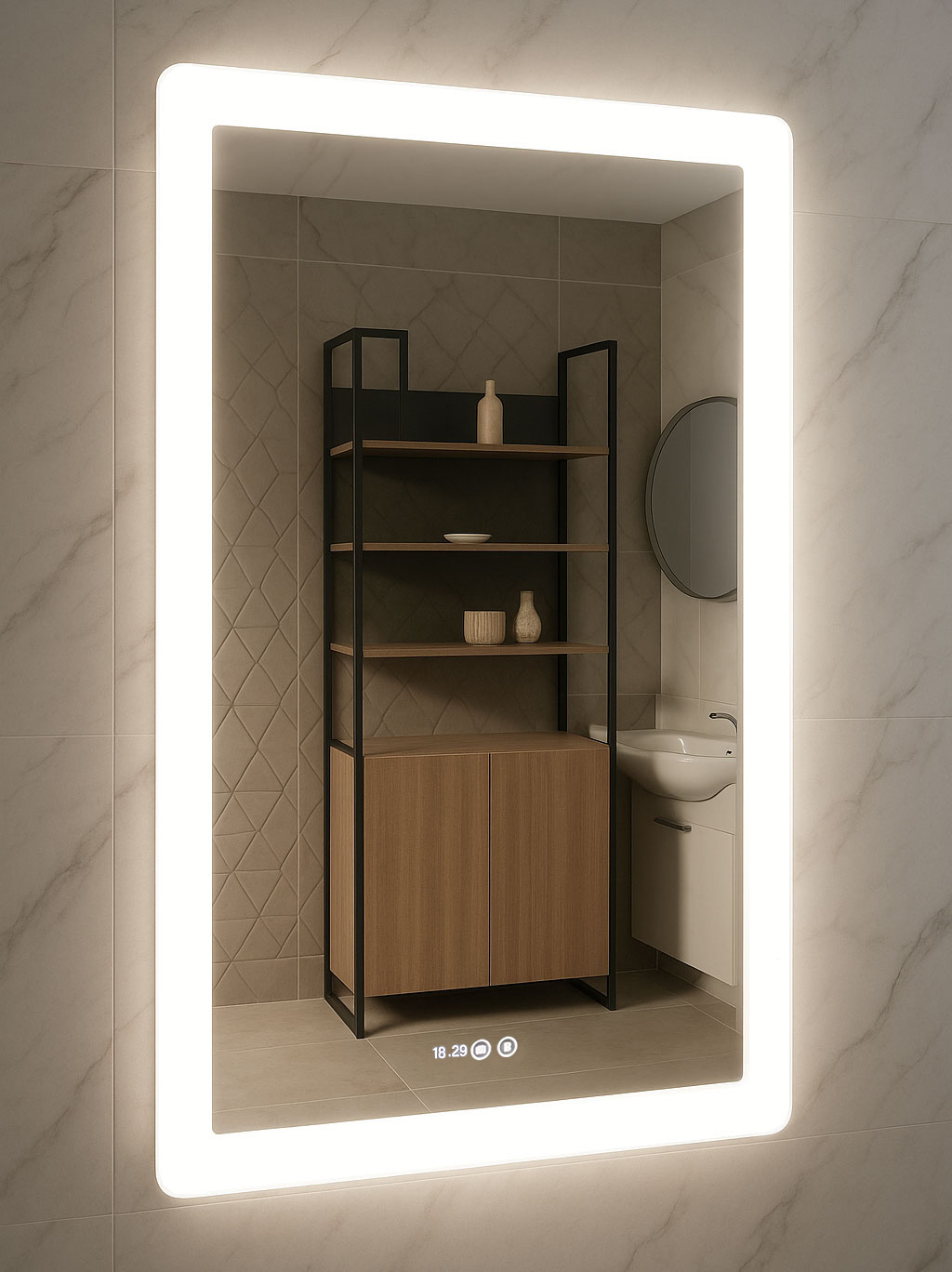 Oglindă cu iluminare LED, funcție dezaburire, ceas și termometru, MD2, 60x80cm