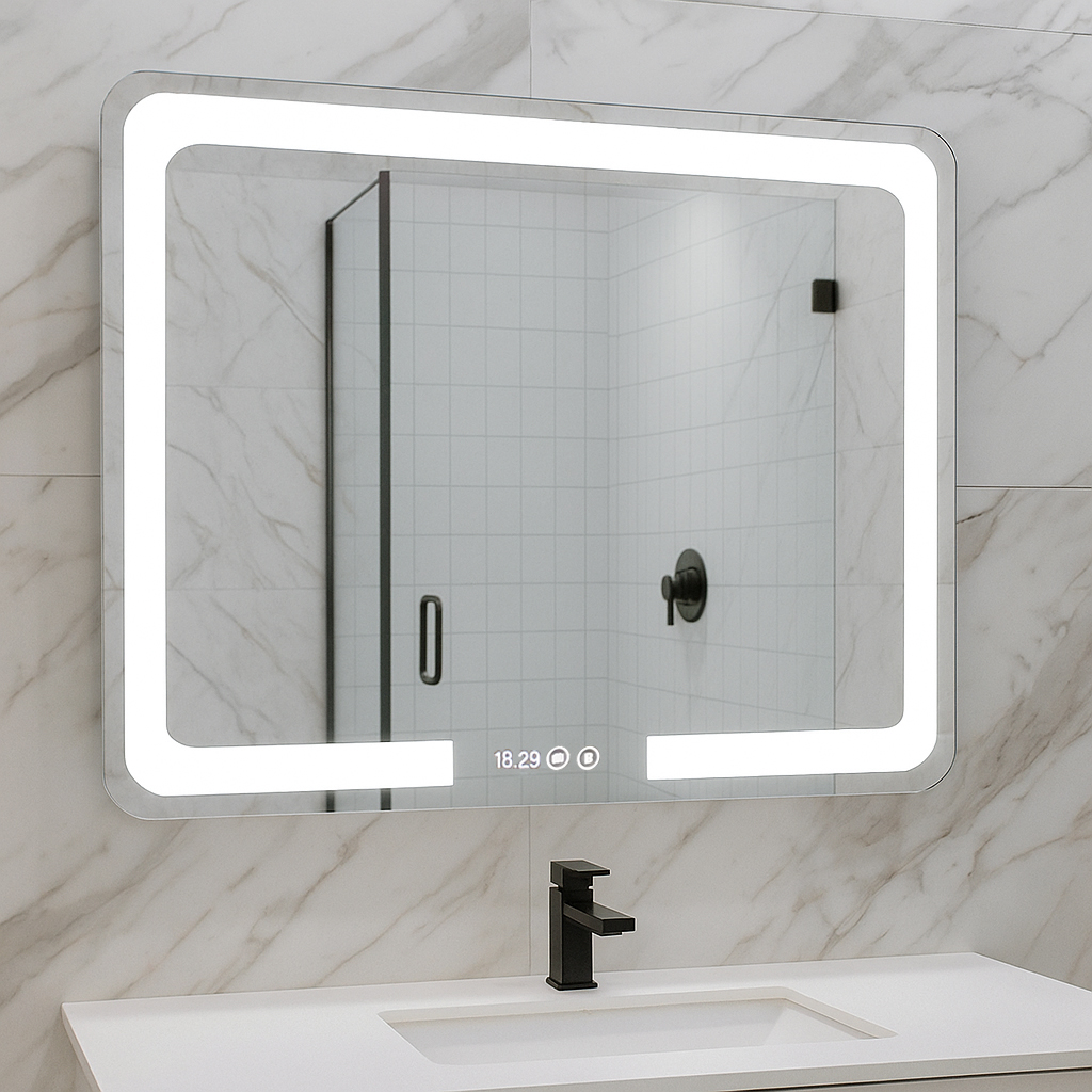 Oglindă cu iluminare LED, funcție dezaburire, ceas și termometru, MD1, 80x60cm