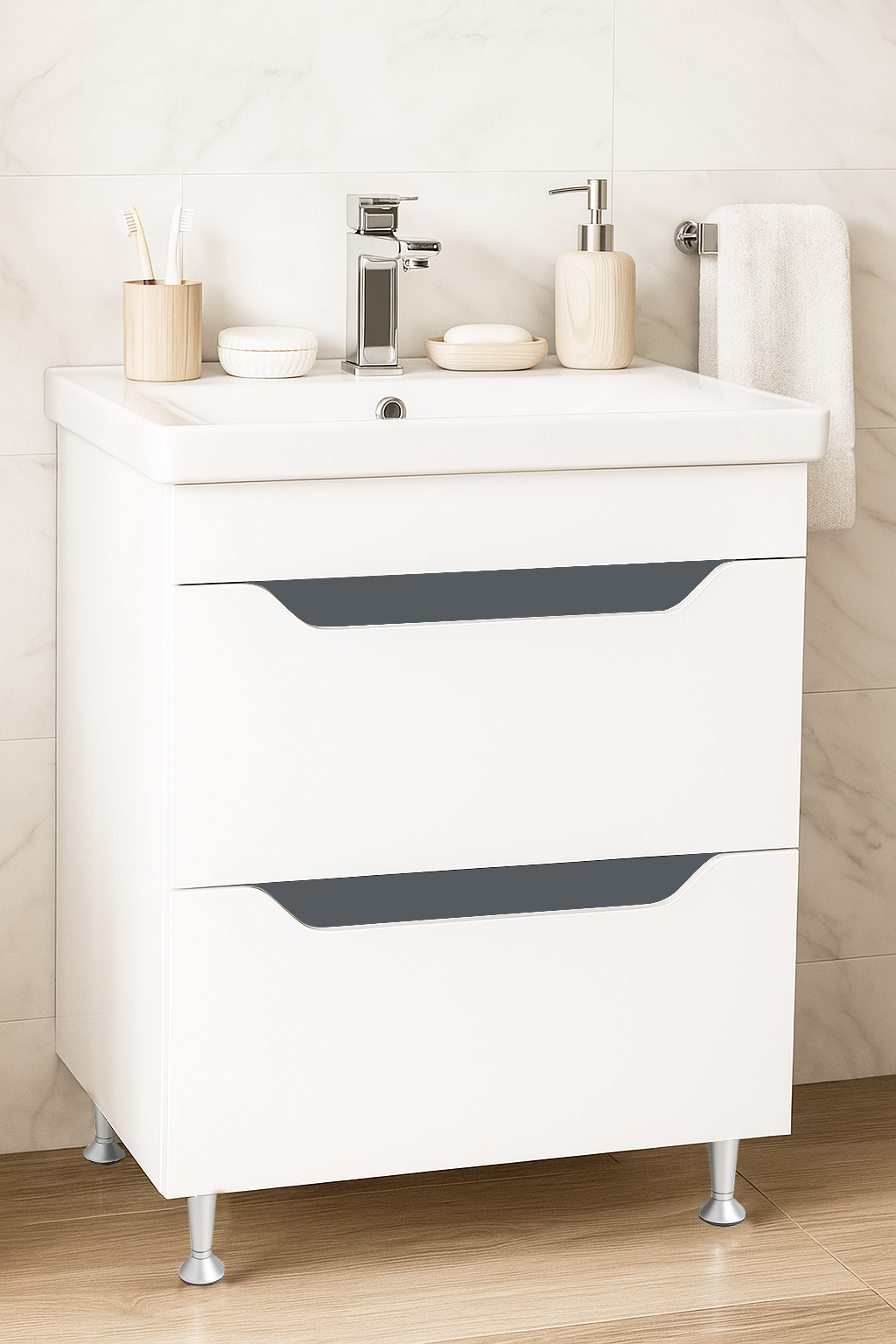 Mobilier Baie MDF Kit și lavoar, Seria 756, Sertare, 60cm, Alb/Antracit