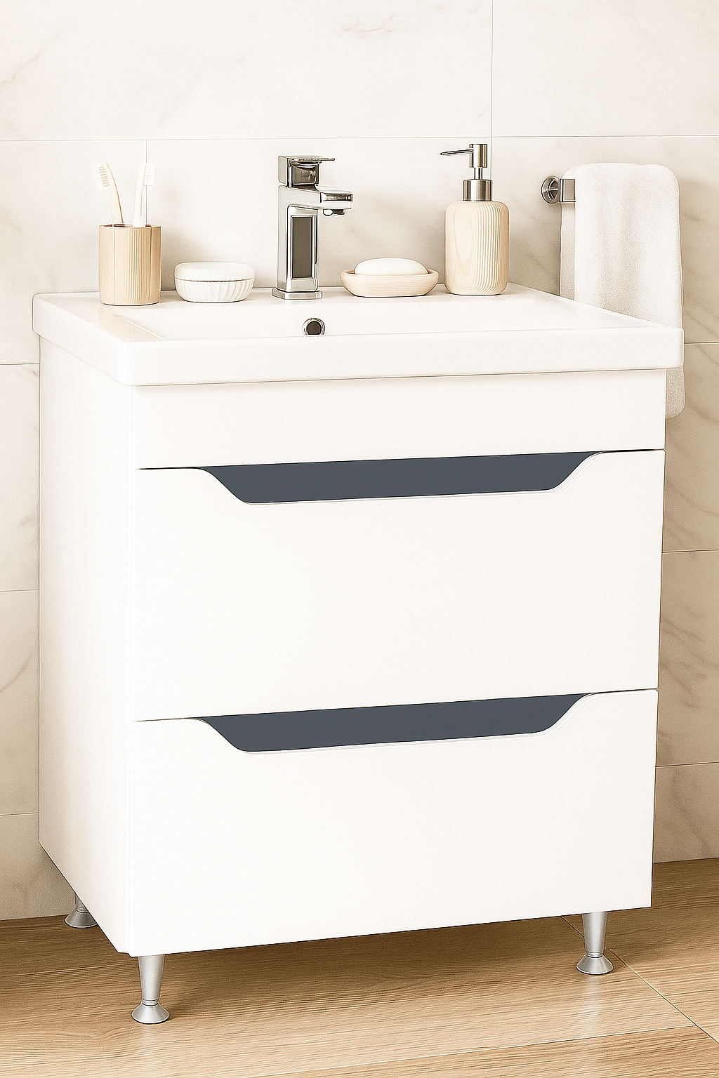 Mobilier Baie MDF Kit și lavoar, Seria 756, Sertare, 70cm, Alb/Antracit