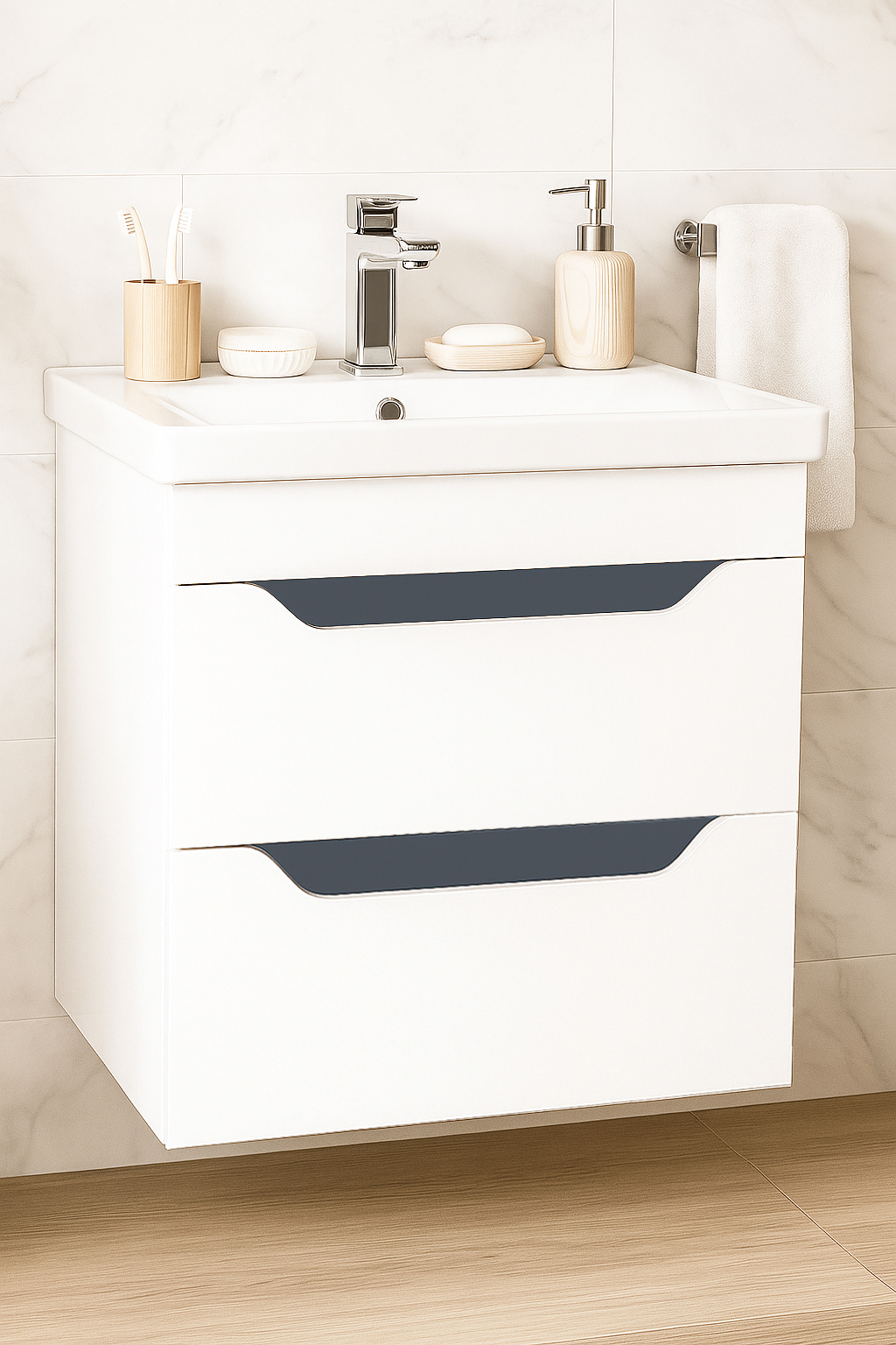 Mobilier Baie MDF Kit și lavoar, Seria 756, Suspendat, Sertare, 60cm, Alb/Antracit