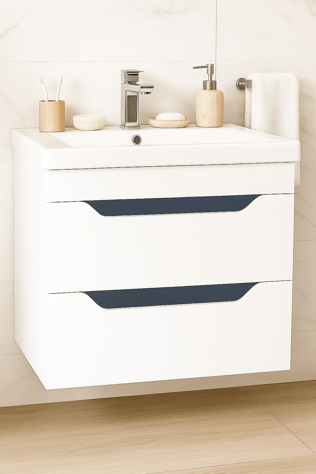 Mobilier Baie MDF Kit și lavoar, Seria 756, Suspendat, Sertare, 70cm, Alb/Antracit