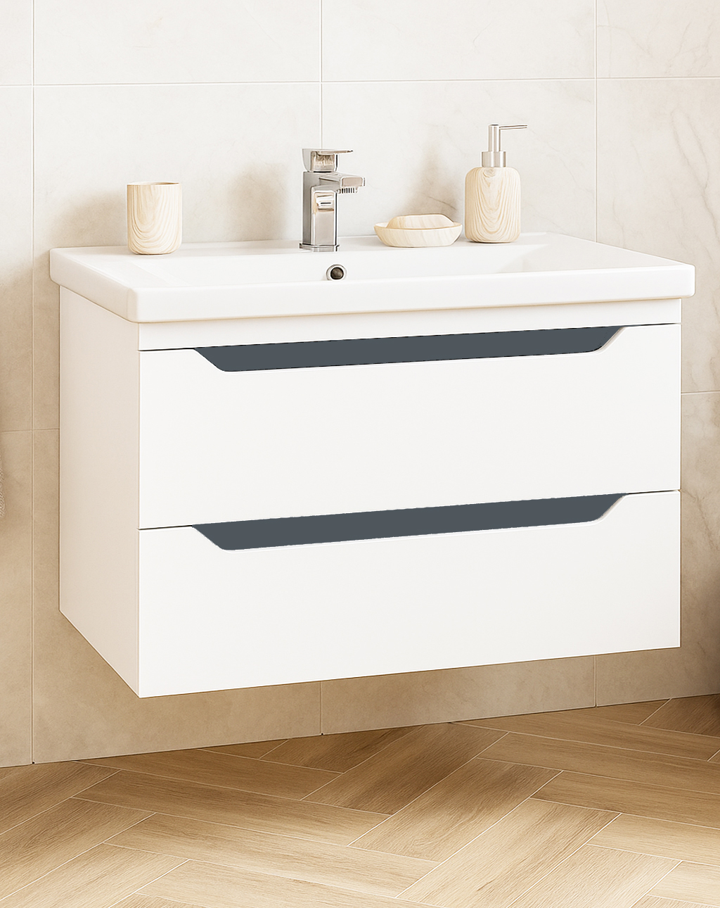 Mobilier Baie MDF și lavoar, Seria 756, Suspendat, Sertare, 80cm, Alb/Antracit