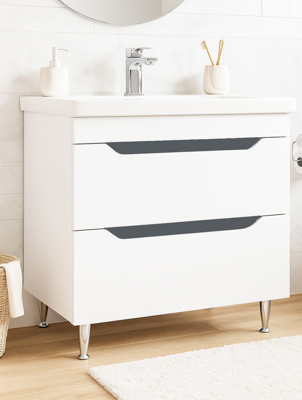 Mobilier Baie MDF Kit și lavoar, Seria 756, Sertare, 80cm, Alb/Antracit