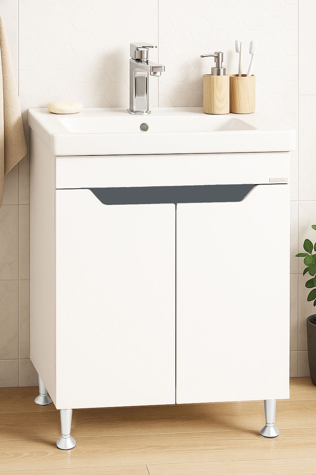 Mobilier Baie MDF și lavoar, Seria 756, 60cm, Alb/Antracit