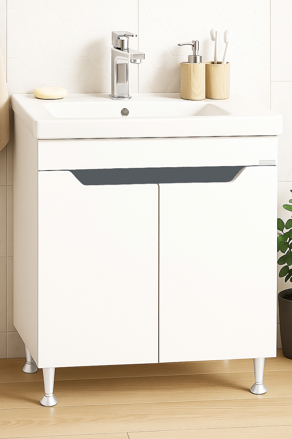 Mobilier Baie MDF Kit și lavoar, Seria 756, 70cm, Alb/Antracit