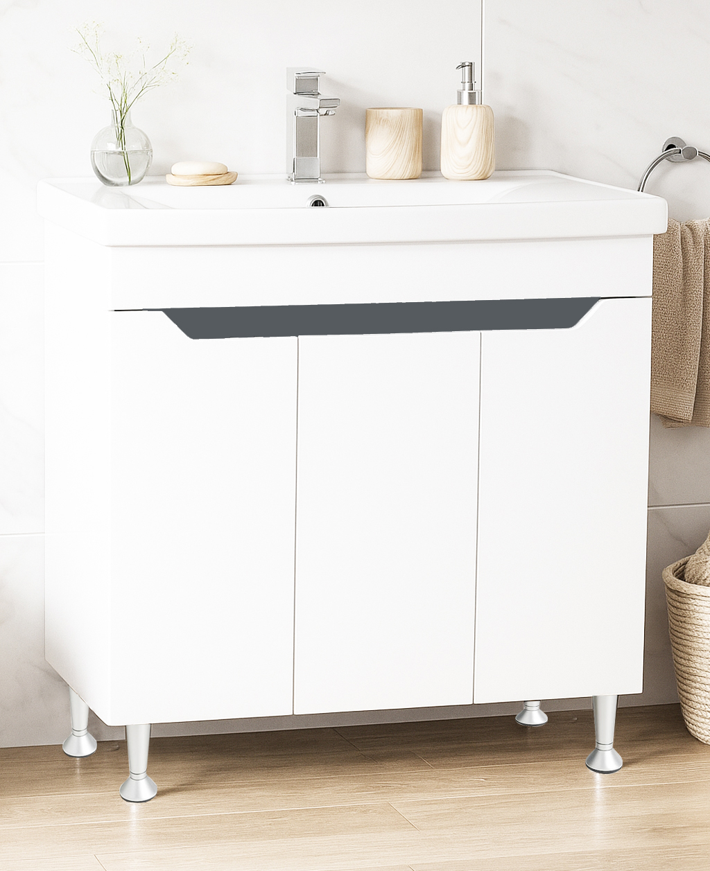 Mobilier Baie MDF și lavoar, Seria 756, 80cm, Alb/Antracit
