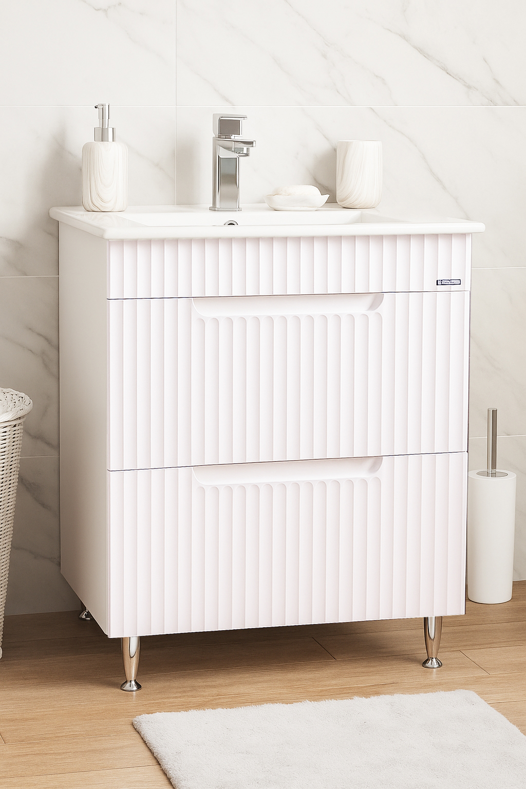 Mobilier Baie MDF și lavoar, Seria 033, Sertare, 60cm, Alb rustic