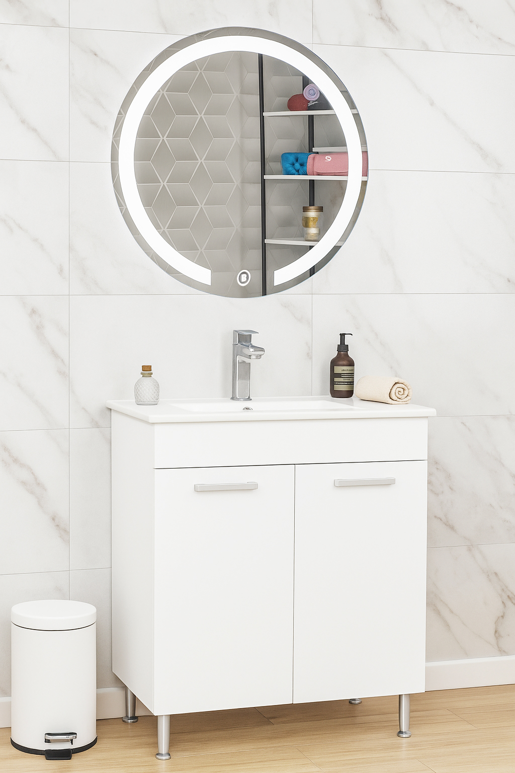 Set Mobilier Baie cu lavoar și Oglindă, Seria 067, Cu 2 Usi, 60cm, Alb