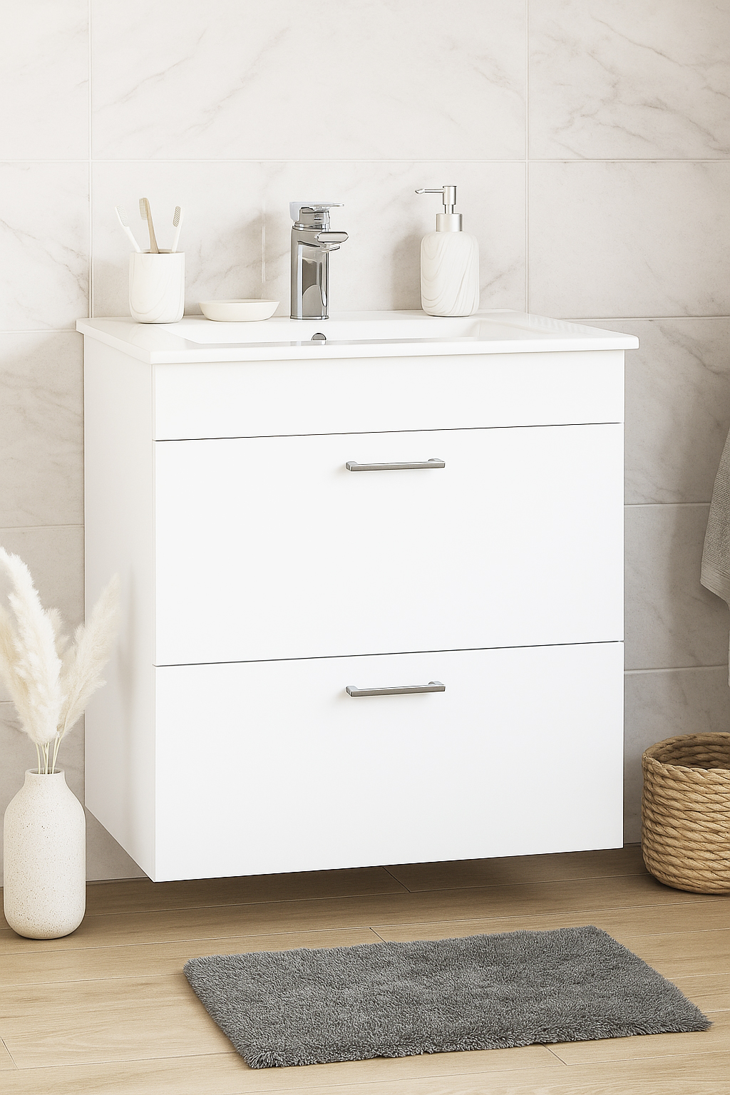 Mobilier baie Kit și lavoar, Seria 067, Suspendat, Sertare, 60cm, Alb