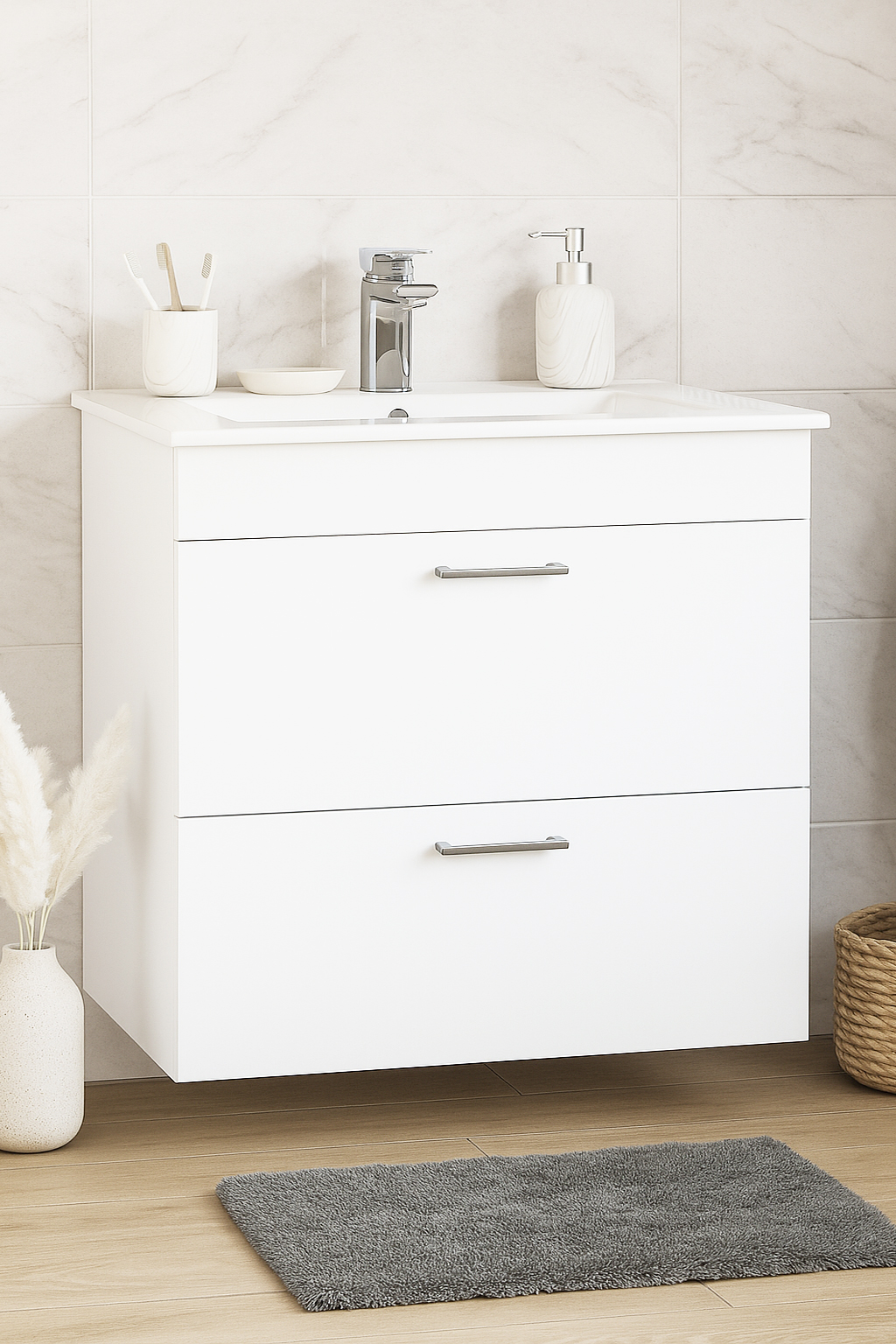 Mobilier baie Kit și lavoar, Seria 067, Suspendat, Sertare, 70cm, Alb