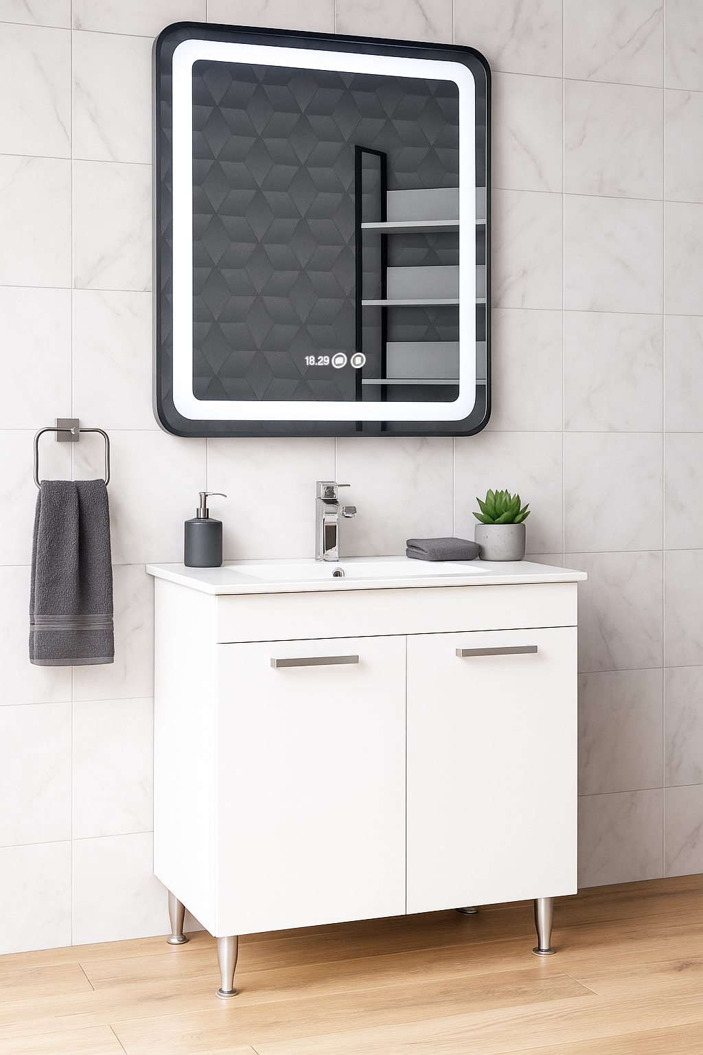 Set Mobilier Baie cu lavoar și Oglindă, Seria 067, Cu 2 Usi, 70cm, Alb