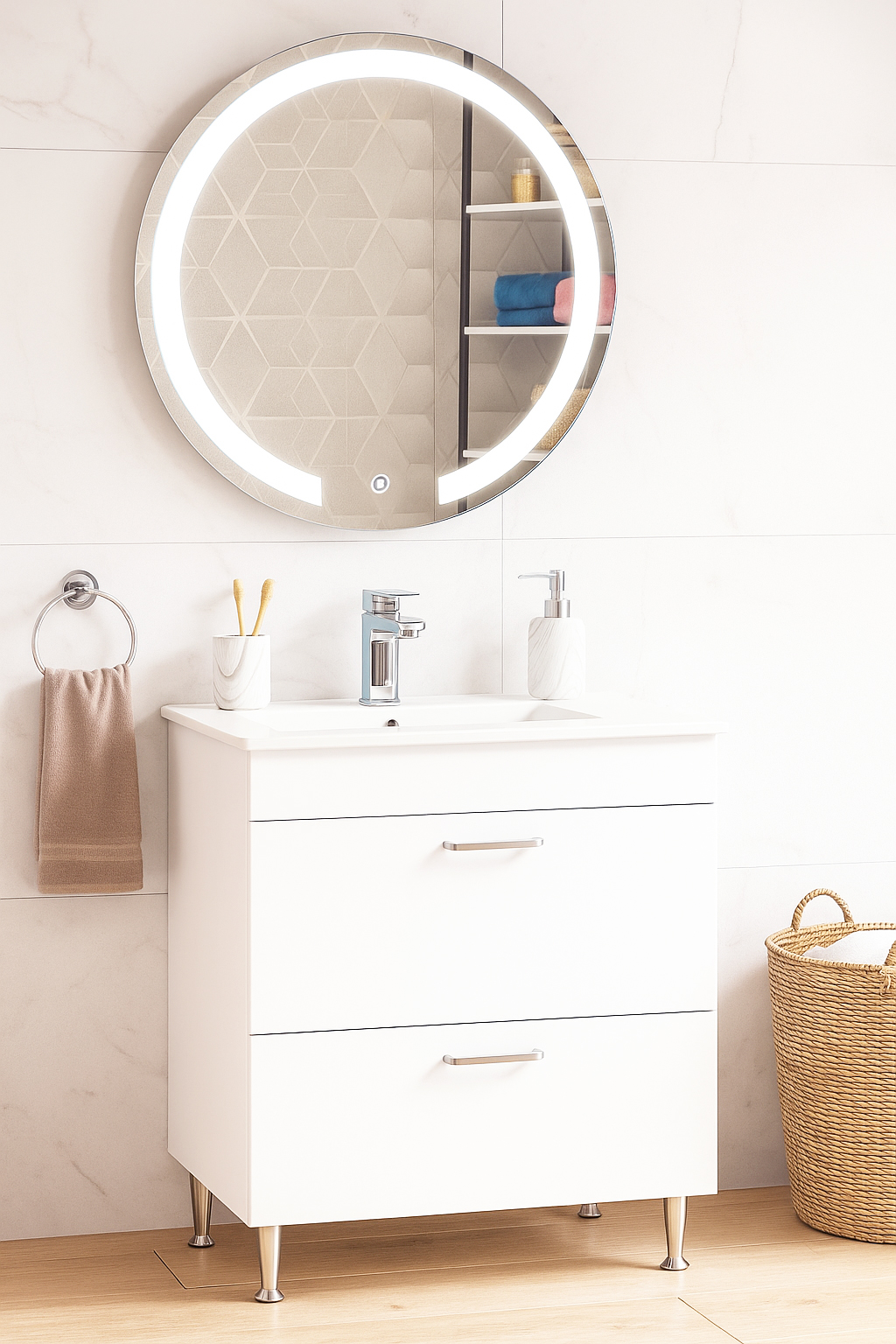 Set Mobilier Baie cu lavoar și Oglindă, Seria 067, Sertare, 60cm, Alb
