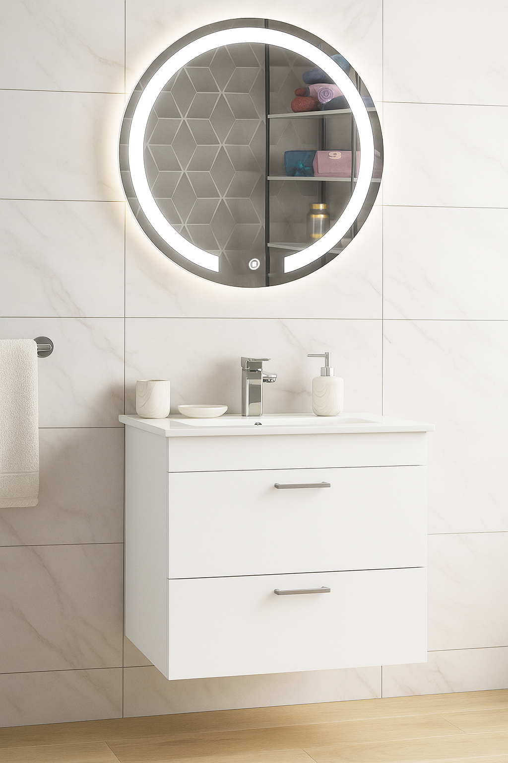 Set Mobilier Baie cu lavoar și Oglindă, Seria 067, Suspendat, Sertare, 60cm, Alb