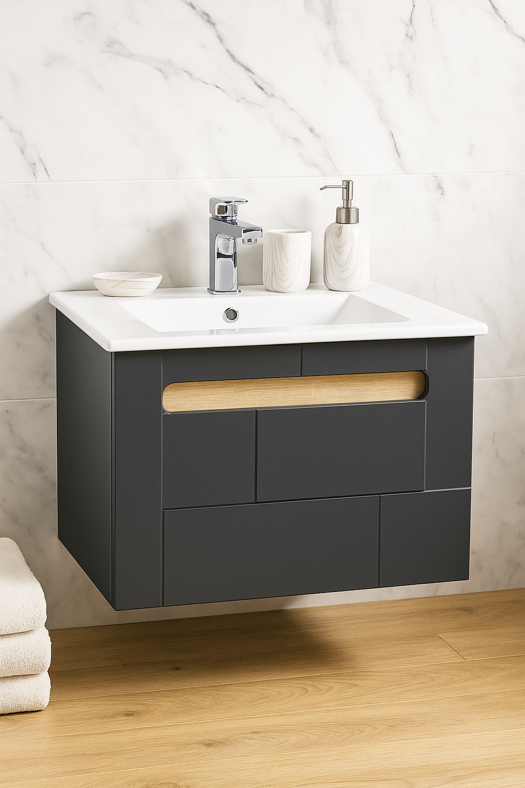 Mobilier Baie MDF și lavoar, Seria 032, Sertare, 60cm, Antracit-Sonoma