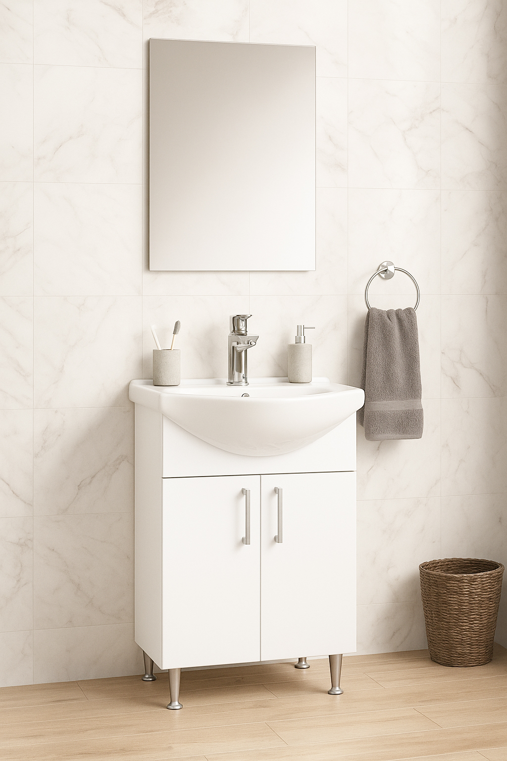 Set Mobilier Baie eco cu lavoar și Oglindă, Seria 005, 50cm, Alb