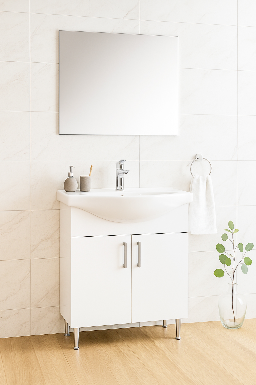 Set Mobilier Baie eco cu lavoar și Oglindă, Seria 005, 65cm, Alb