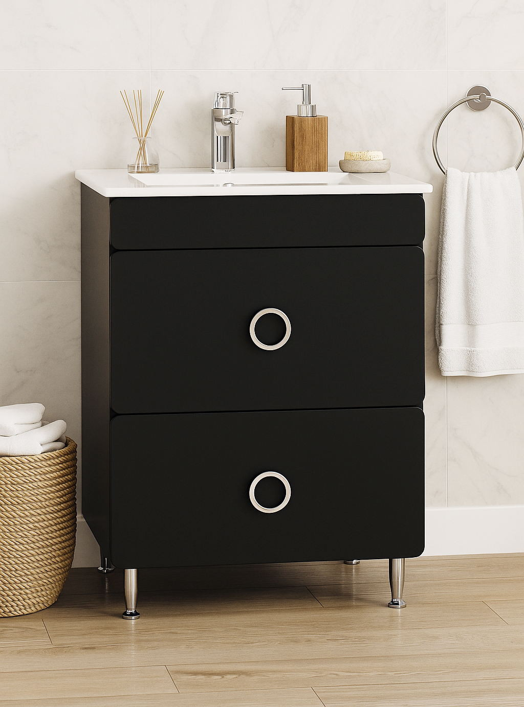 Mobilier Baie MDF și lavoar, Seria 080, Sertare, 60cm, Negru