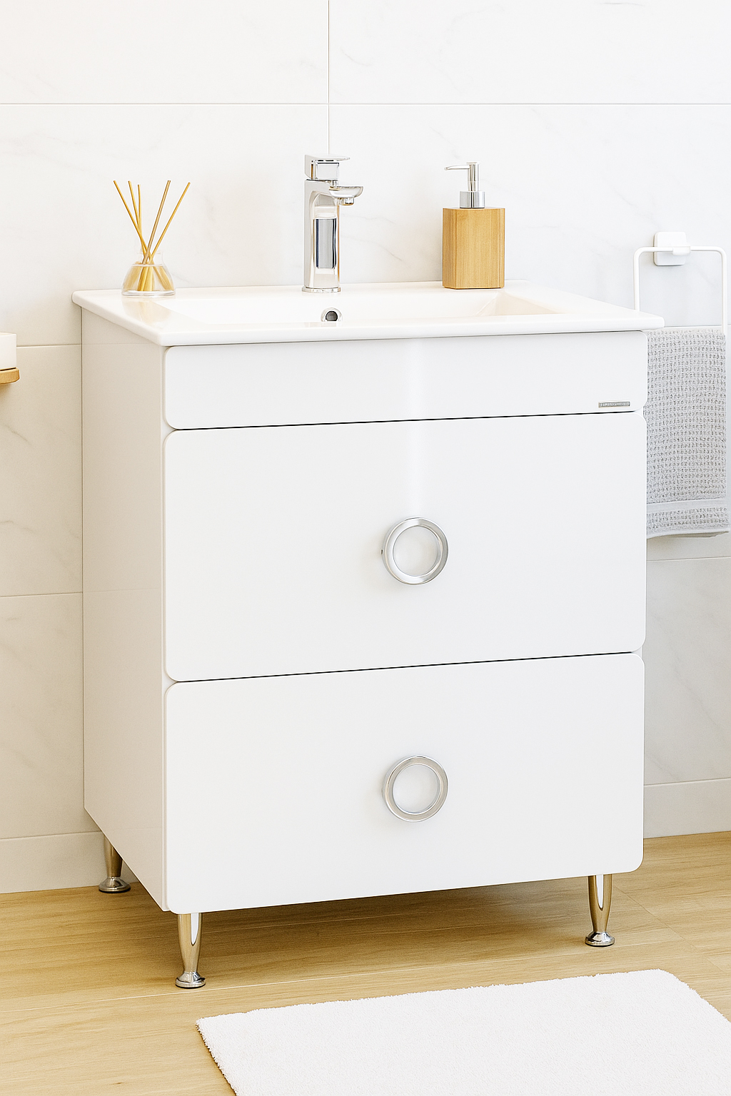 Mobilier Baie MDF și lavoar, Seria 080, Sertare, 60cm, Alb