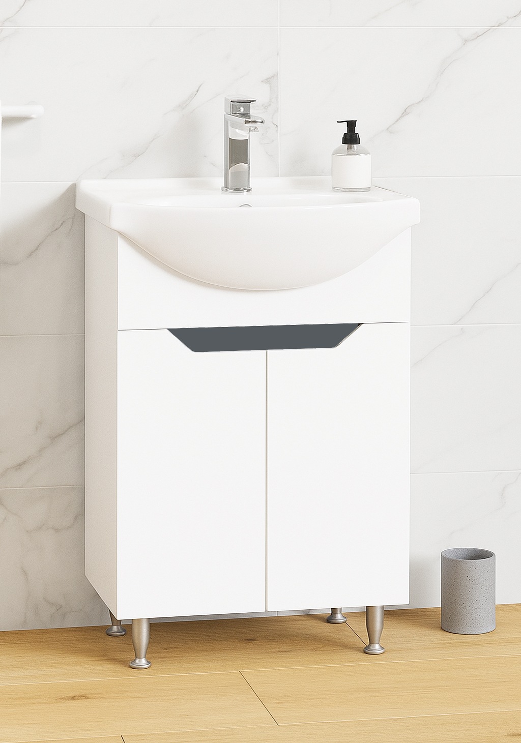 Mobilier baie MDF Kit și lavoar, Seria 050, 55cm, Alb/Antracit