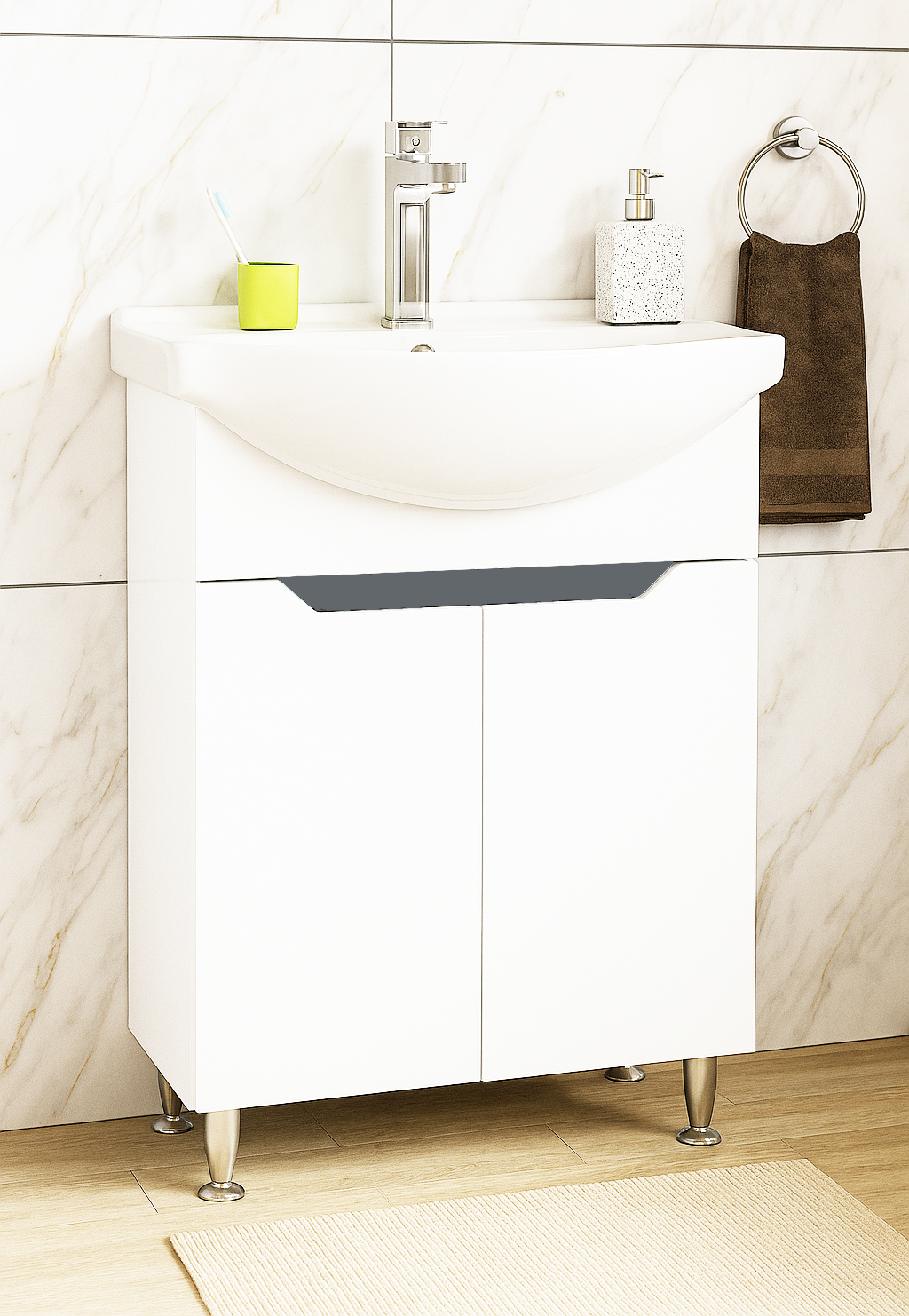 Mobilier baie MDF Kit și lavoar, Seria 050, 60cm, Alb/Antracit