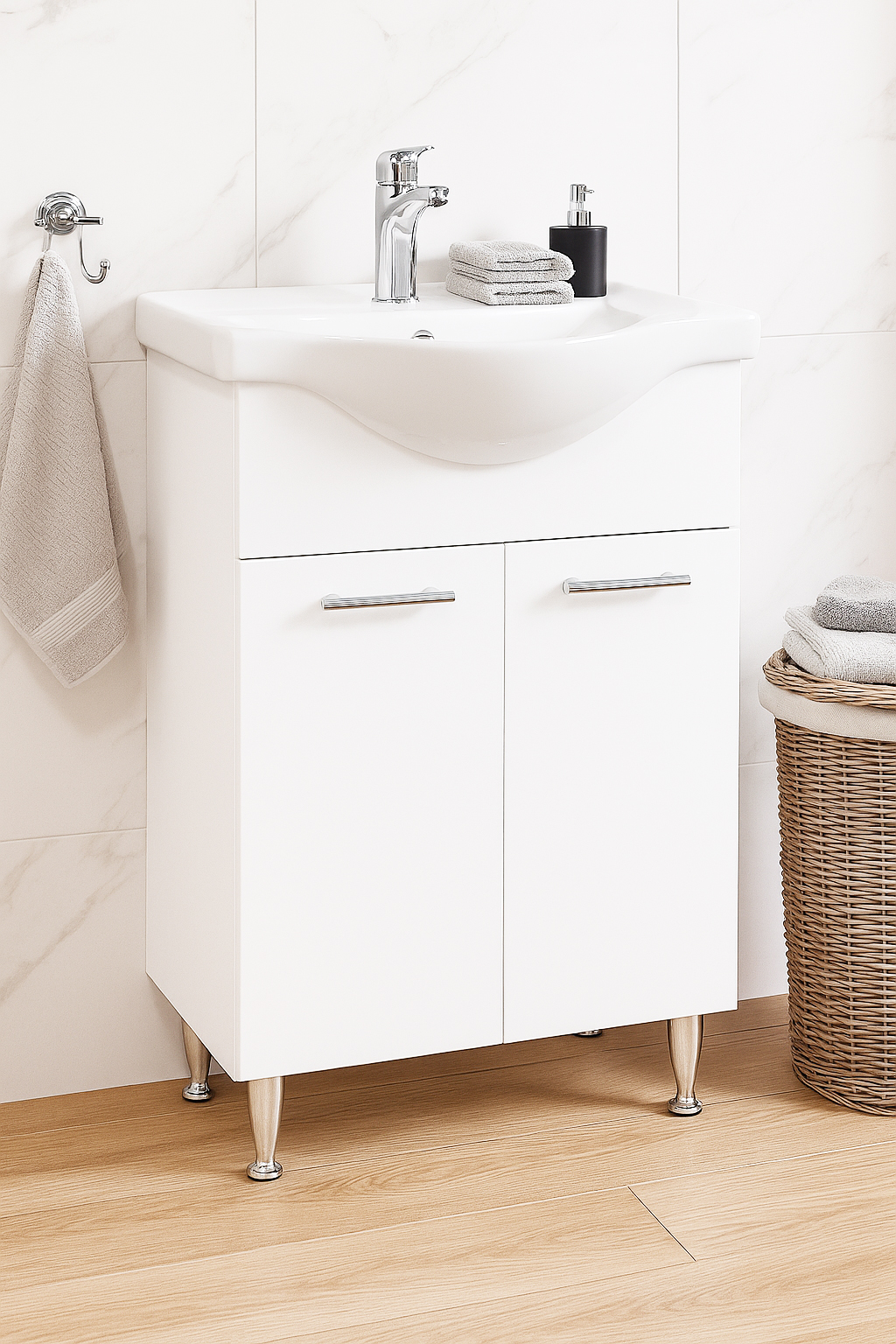 Mobilier Baie MDF și lavoar, Seria 153, 55 cm, Alb