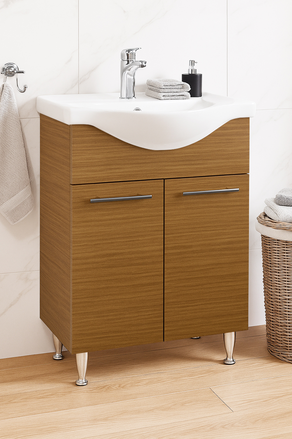 Mobilier Baie MDF și lavoar, Seria 153, 60cm, Stejar