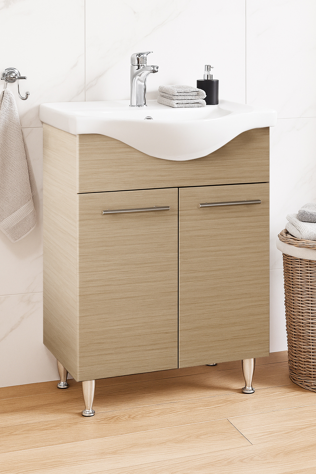Mobilier Baie MDF și lavoar, Seria 153, 60cm, Fag