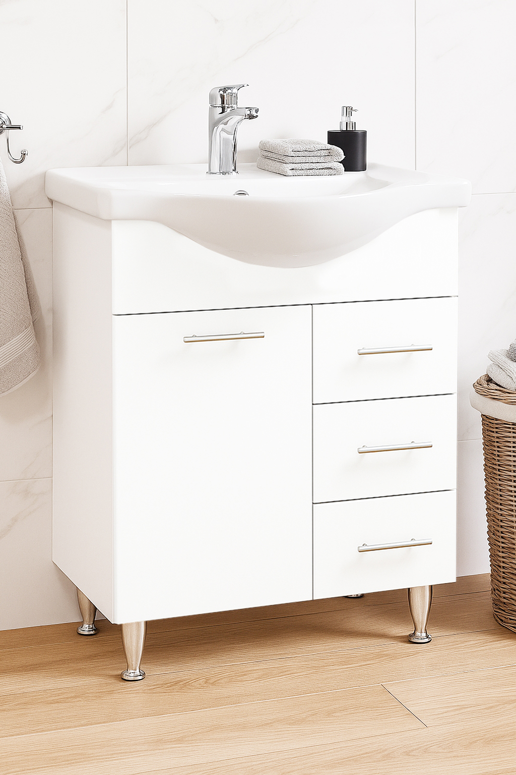 Mobilier Baie MDF și lavoar, Seria 153, Sertare, 65cm, Alb
