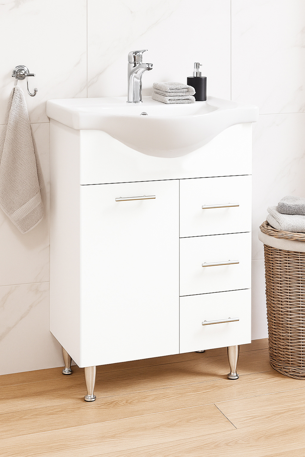 Mobilier Baie MDF și lavoar, Seria 153, Sertare, 55cm, Alb