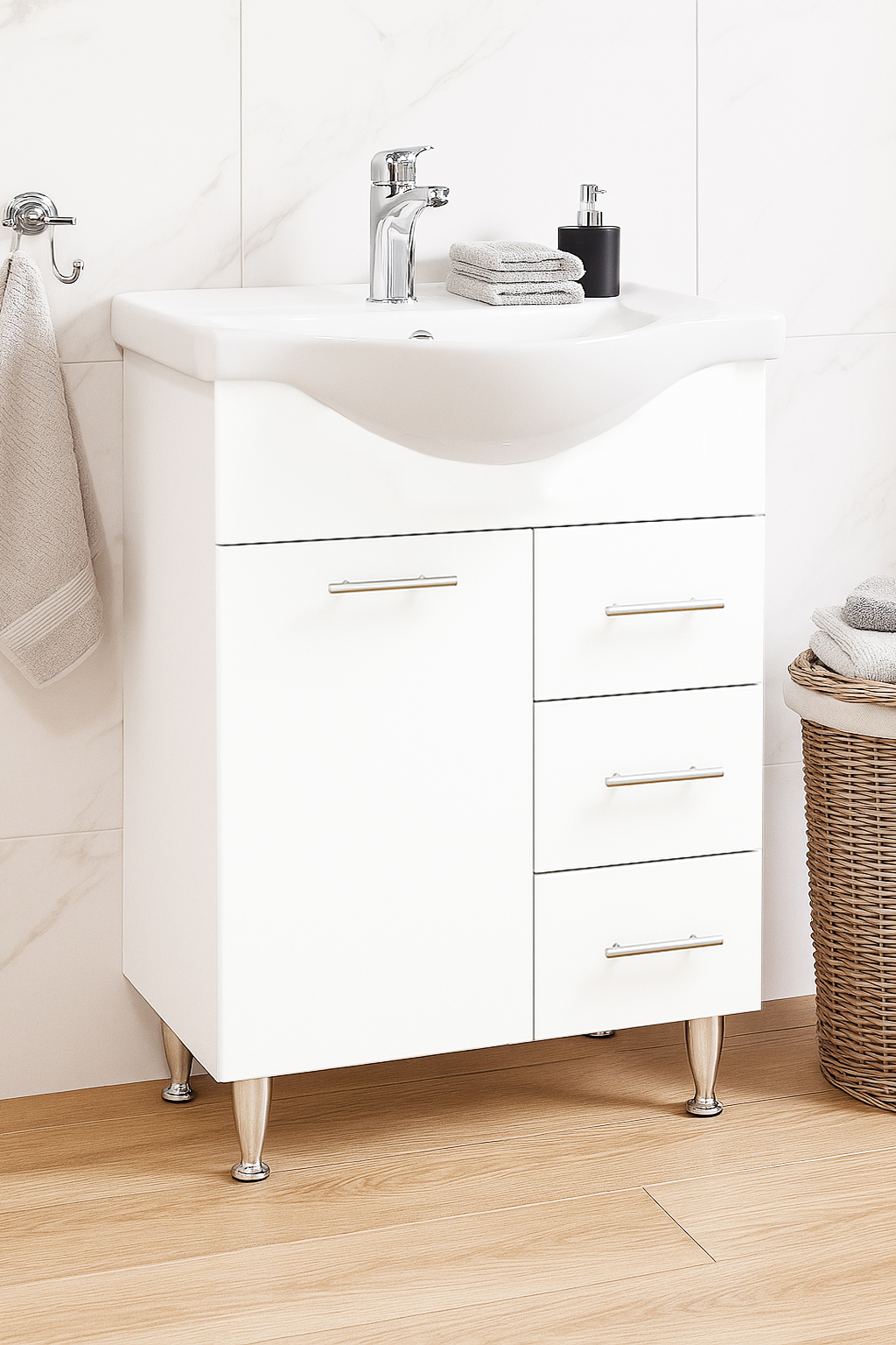 Mobilier Baie MDF și lavoar, Seria 153, Sertare, 60cm, Alb