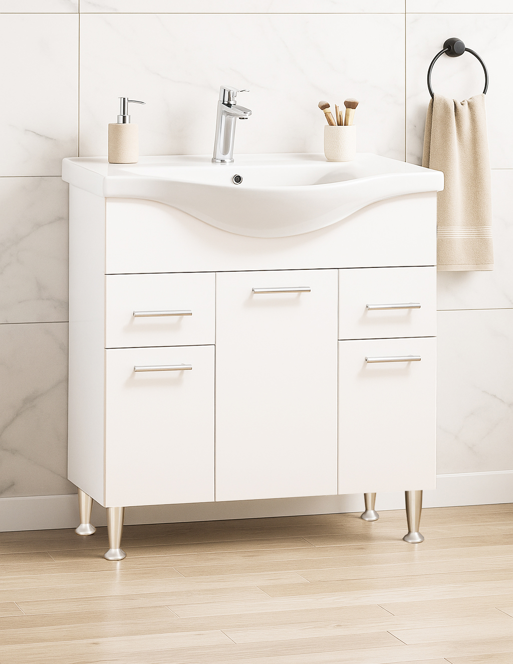Mobilier Baie MDF și lavoar, Seria 153, Sertare, Montat, 80cm, Alb