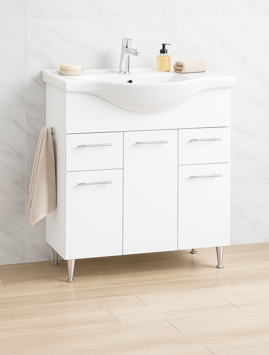 Mobilier Baie MDF și lavoar, Seria 153, Sertare, 75cm, Alb