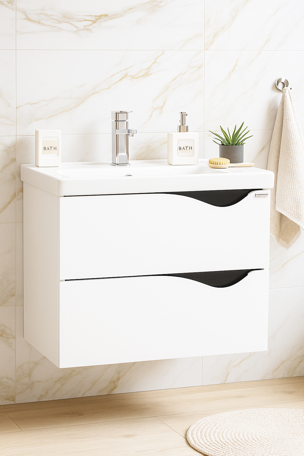 Mobilier Baie MDF Kit și lavoar, Seria 797, Suspendat, Sertare, 70cm, Alb