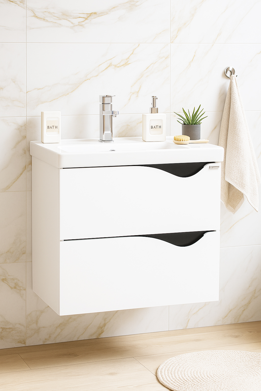 Mobilier Baie MDF și lavoar, Seria 797, Suspendat, Sertare, 60cm, Alb