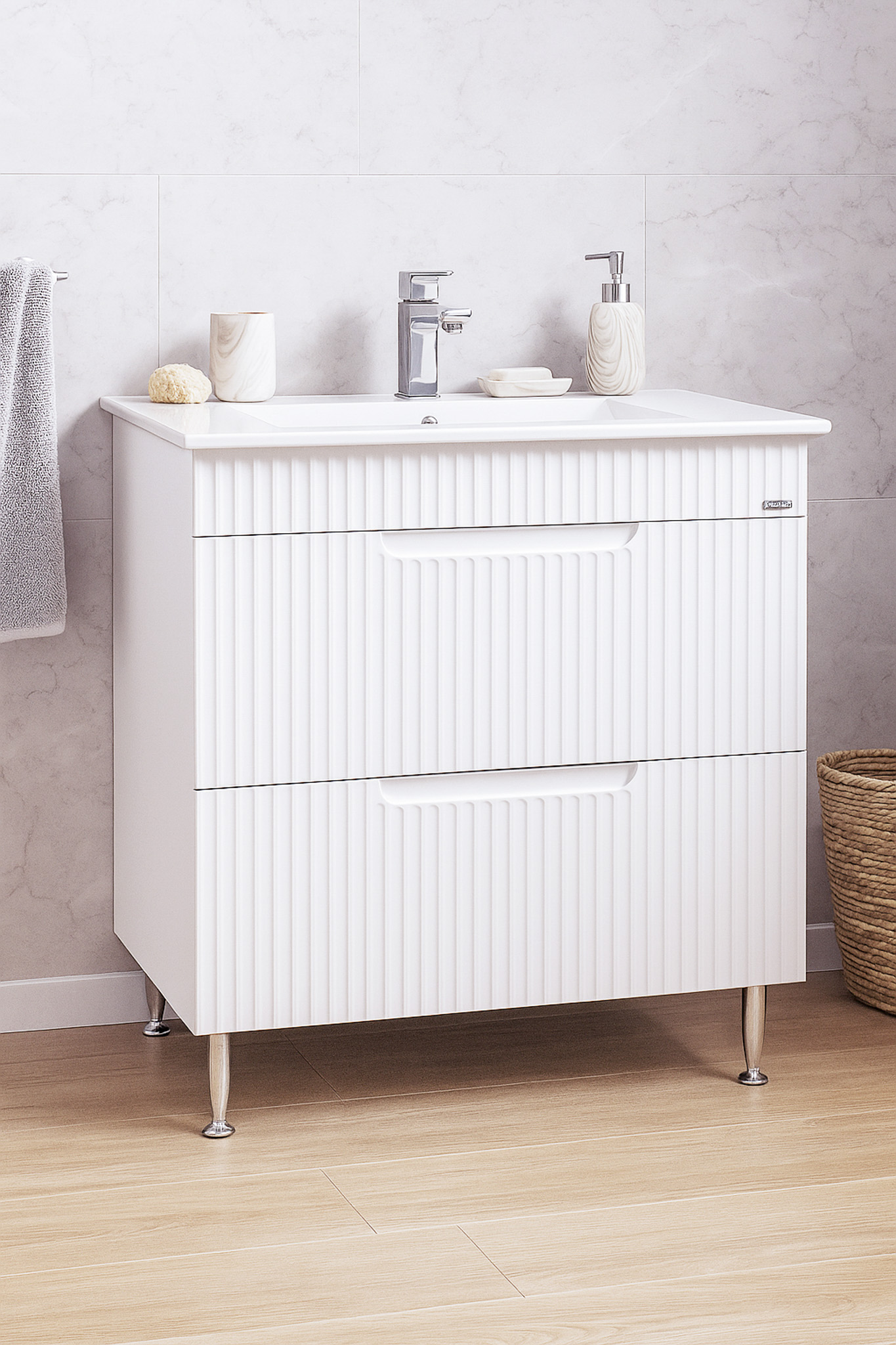 Mobilier Baie MDF și lavoar, Seria 033, Sertare, 80cm, Alb rustic