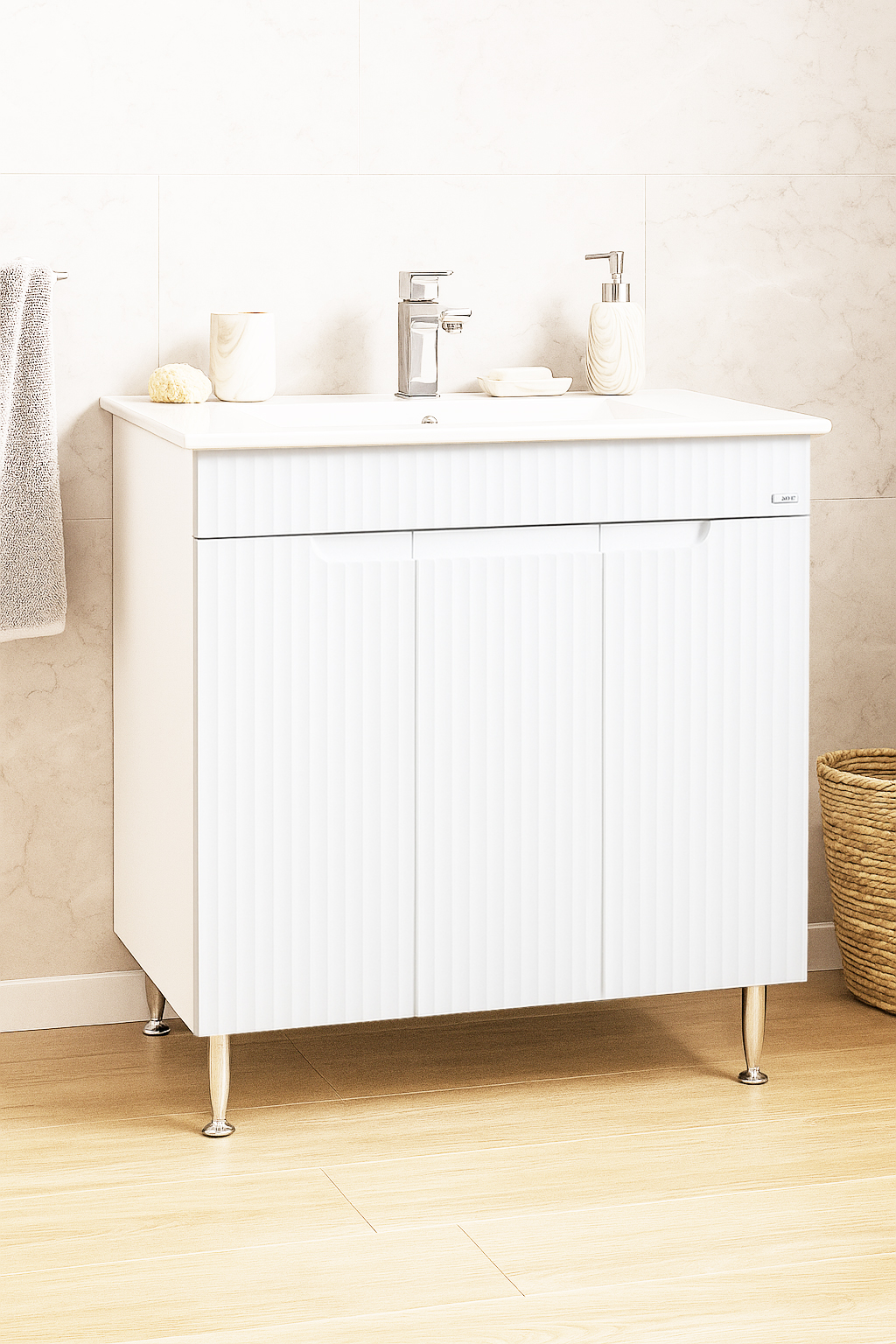 Mobilier Baie MDF și lavoar, Seria 033, 80cm, Alb rustic