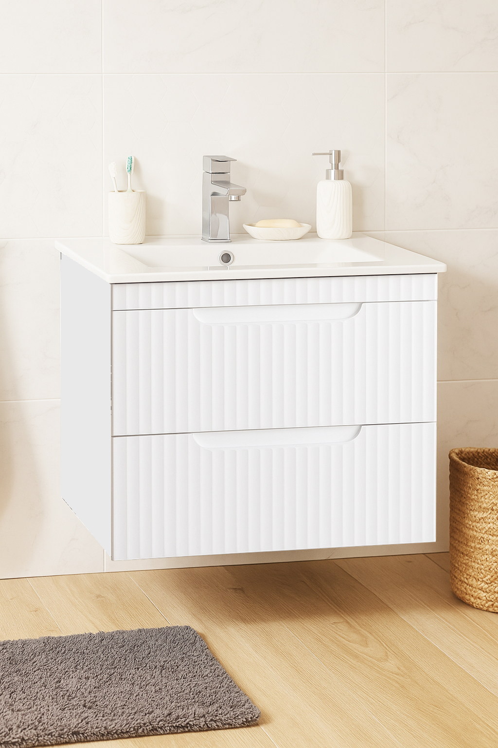 Mobilier Baie MDF și lavoar, Seria 033, Suspendat, Sertare, 60cm, Alb rustic