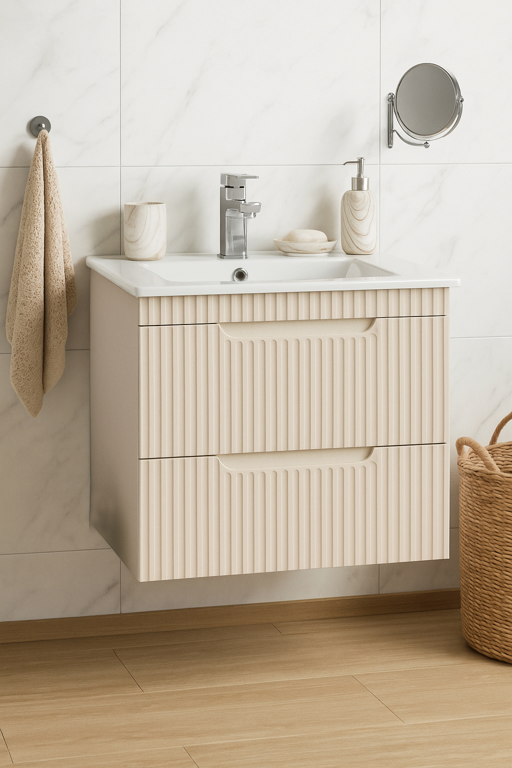Mobilier baie MDF și lavoar, Seria 033, Suspendat, Sertare, 60cm, Crem