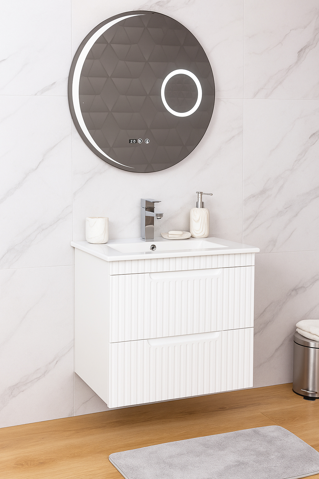 Set Mobilier Baie cu lavoar și Oglindă, Seria 033, Suspendat, Sertare, 60cm, Alb